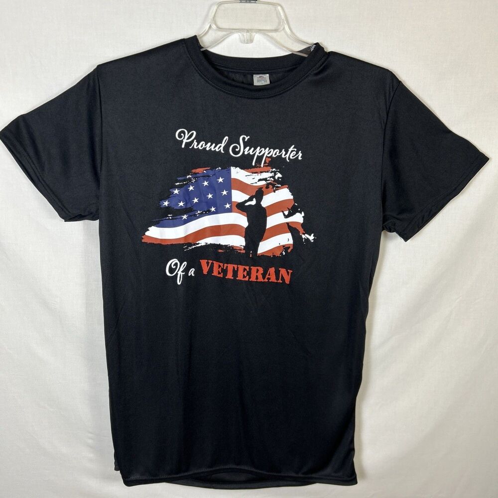 Proud Supporter Of A Veteran Black TShirt US Flag Design Patriotic Men's Large